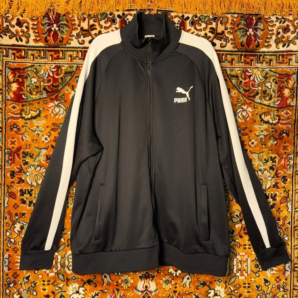 PUMA Men's 3XL Black Track Jacket White Stripes Full Zip XXXL Athletic Jacket - Picture 2 of 7